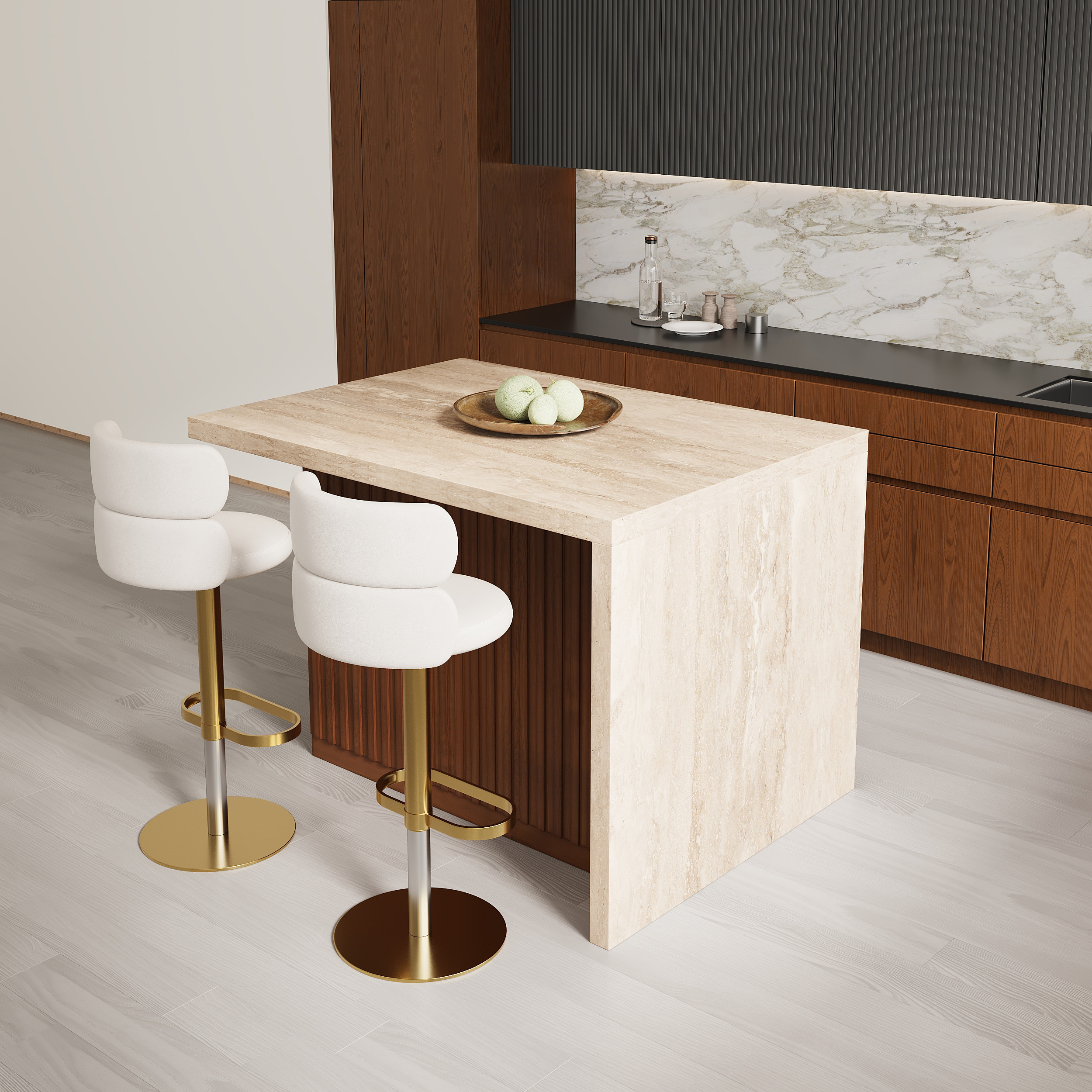 50"" Large Kitchen Island Marble Veneered Top with Storage Walnut Kitchen Cabinet | Homary