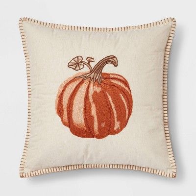Embroidered Pumpkin Square Throw Pillow Neutral/Orange - Threshold&#8482; | Target