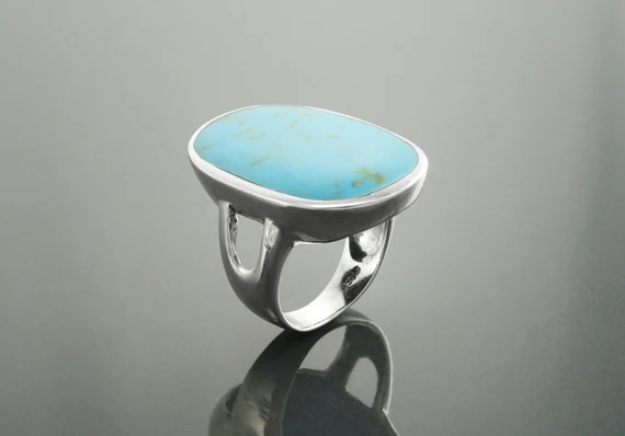 Modern Blue Turquoise Ring, Sterling Silver, Turquoise Flat Stone, Original Rectangle Oval Form Ring | Etsy (US)