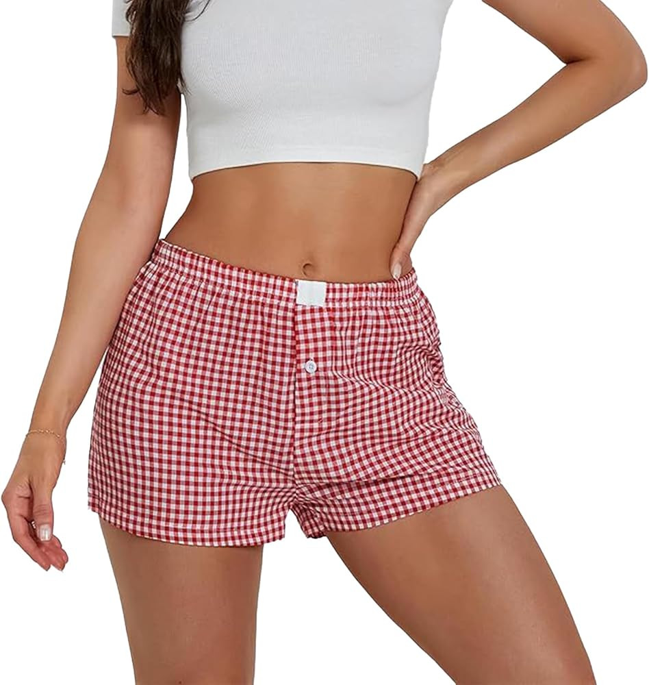 Allmloers Women Y2k Pajamas Shorts Elastic Low Waist Checkered Boxers Shorts Summer Plaid Sleepin... | Amazon (US)