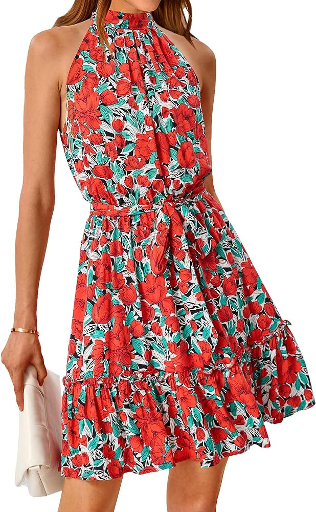 BTFBM Women 2025 Halter Neck Summer Dresses Casual Sleeveless Floral Polka Dot Print Ruffle Mini ... | Amazon (US)