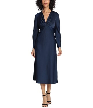Maggy London Long Sleeve Satin Twisted V-Neck Knotted Midi Dress | Dillard's | Dillard's