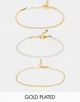 ASOS DESIGN Curve 3-pack 14k gold plated bracelets with faux pearl and chains in gold tone | ASOS (Global)