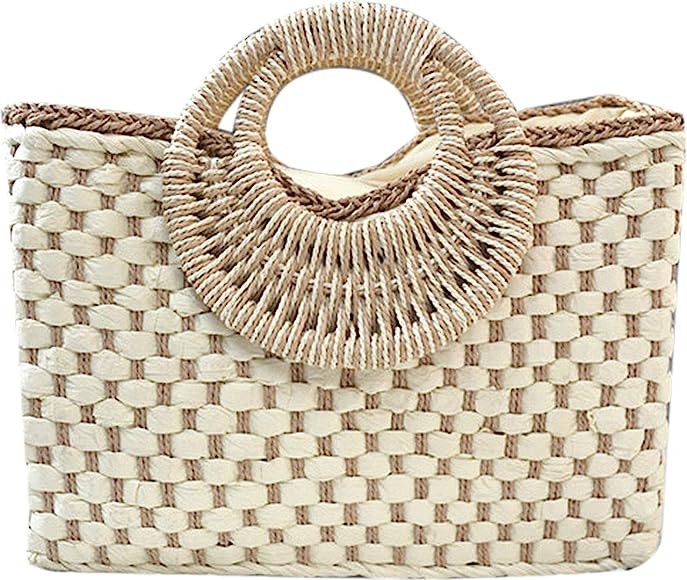 QZUnique Hand-woven Straw Bag Women Summer Beach Handbag Purse Retro Rattan Tote Clutch Travel Ba... | Amazon (US)