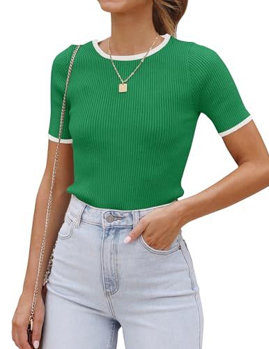 ZESICA Women's 2024 Summer Short Sleeve Crewneck T Shirt Ribbed Knit Slim Fit Color Block Basic T... | Amazon (US)