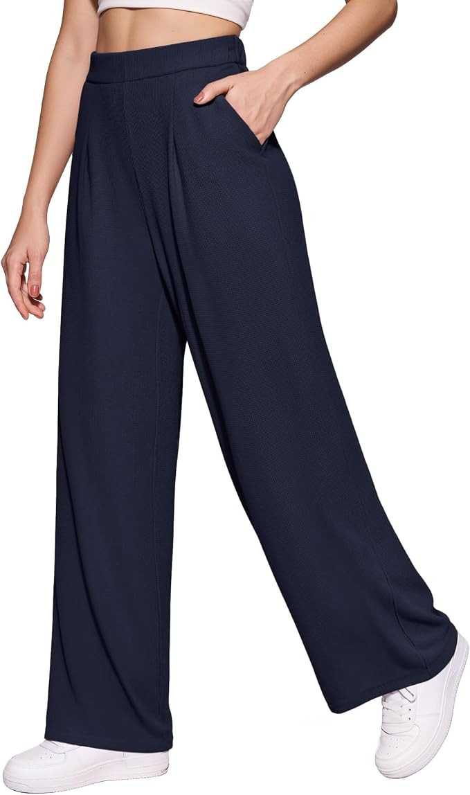 MANGOPOP Wide Leg Pants Woman High Waisted Stretchy Work Pants Waffle Knit Slacks Trousers for Bu... | Amazon (US)