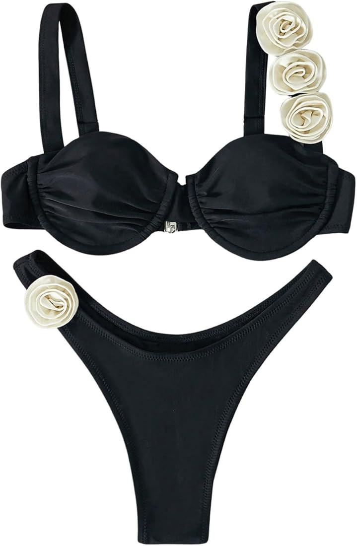 OYOANGLE Women's 2 Piece Swimsuits 3D Floral Appliques Sleeveless Underwire Low Rise High Cut Bik... | Amazon (US)