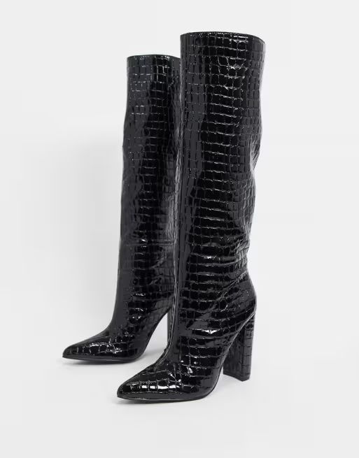 Steve Madden Tamsin heeled knee high boot in black croc | ASOS (Global)