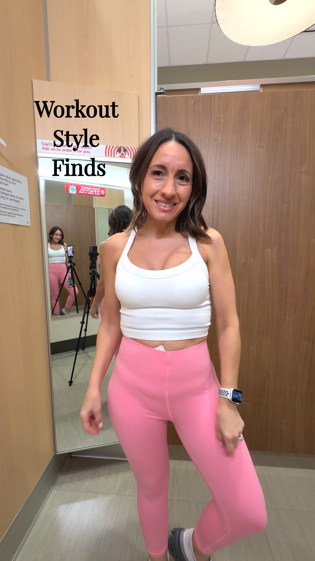 Workout style. 
White sports bra cropped tank top. Runs tts. Love the criss cross detail in the back. 
Light pink workout leggings. 
Petite friendly workout leggings  

#LTKActive #LTKFindsUnder50 #LTKPetite