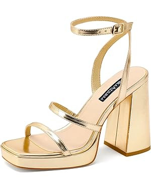 MIRAAZZURRA Platform Strappy Heel Sandals Square Open Toe Two Strap Chunky High Heeled Sandals wi... | Amazon (US)