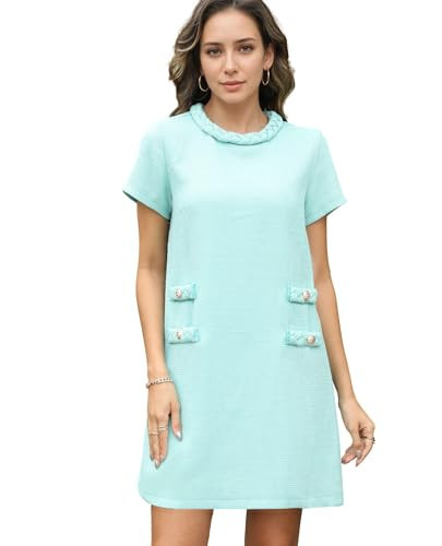 Yioaga Womens Tweed Jackie Dress Elegant Crew Neck Short Sleeve Button Bodycon Mini Dress(Cyan,L) | Amazon (US)