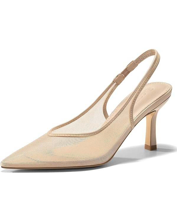 Coutgo Womens Mesh Slingback Kitten Heels Pointed Toe Low Heel Pumps Sexy Dress Shoes | Amazon (US)