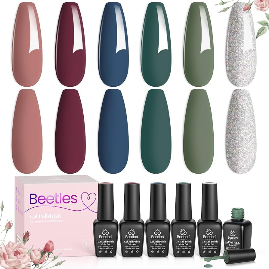Beetles Gel Nail Polish Set 6 Colors Green Blue Burgundy Gel Nail Polish Kit Glitter Gel Nail Pol... | Amazon (US)