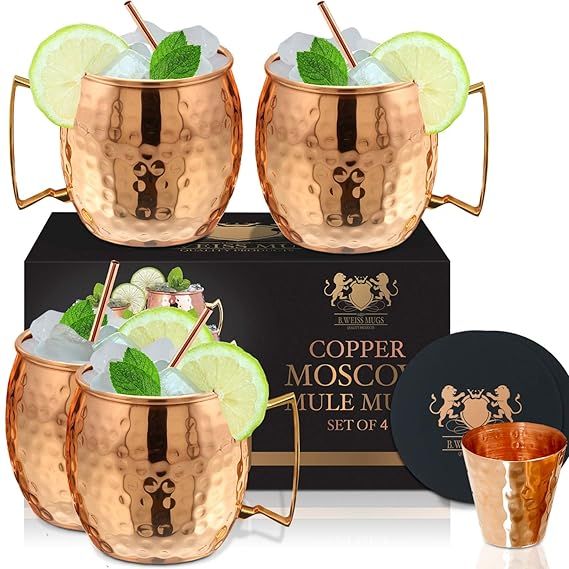 Moscow Mule Copper Mugs Set Of 4 By B.WEISS 100% Pure Copper +Bonus: 4 copper straws+4 coasters 1... | Amazon (US)