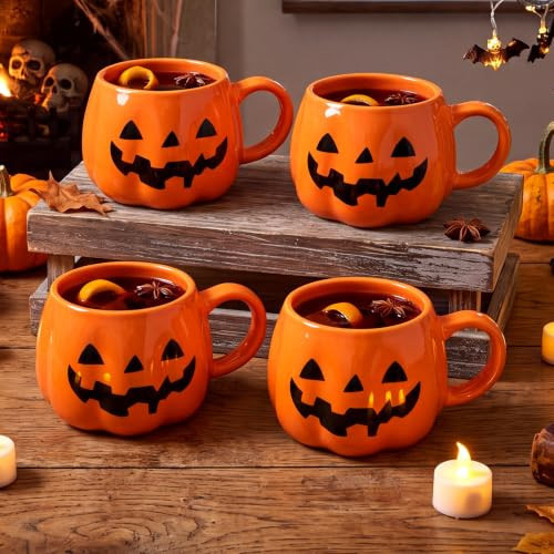 Potchen 4 Pack 12 oz Halloween Pumpkin Coffee Mug Ceramic Pumpkin Cup with Jack O Lantern Face Spooky Fall Decor Birthdays Halloween Drinkware Gifts Dishwasher Microwave Safe | Amazon (US)