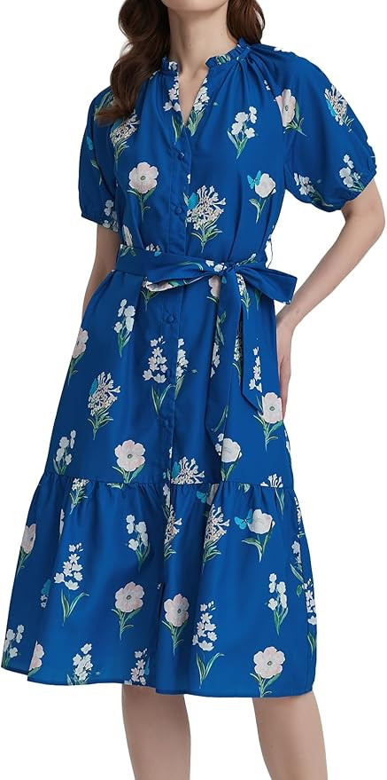 Women Summer Floral Midi Dress Puff Short Sleeve V Neck Button Belt Casual Flowy Maxi Beach Vacat... | Amazon (US)