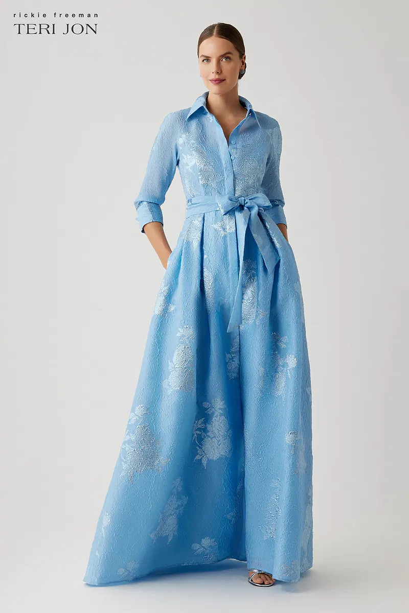 Metallic Jacquard Shirt Waist Gown | TERI JON