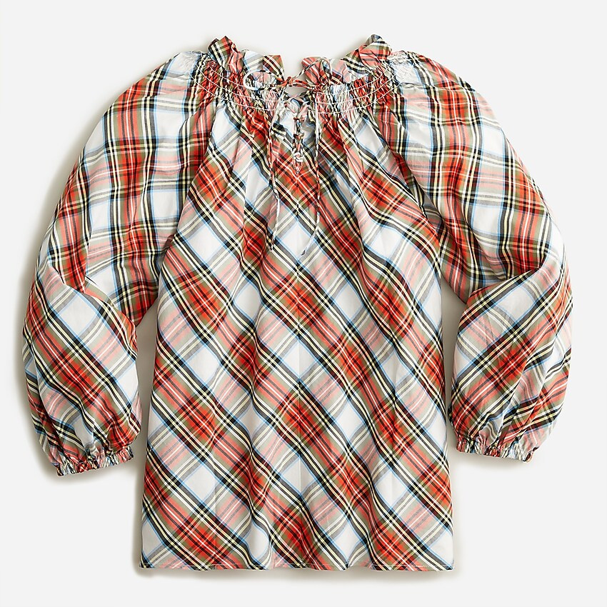 Smocked-neck cotton poplin top in Snowy Stewart tartan | J. Crew US
