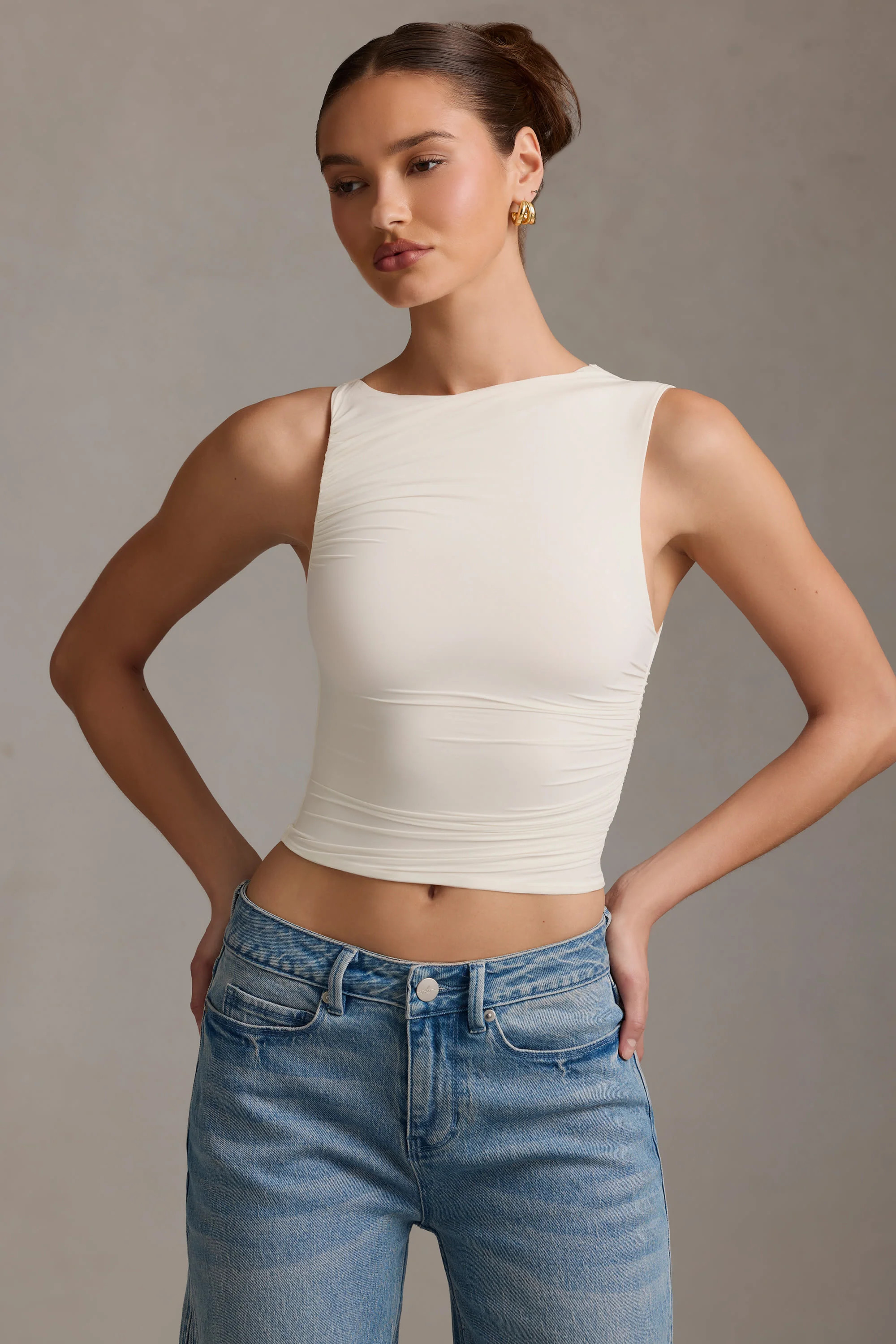 Asymmetric Ruched Tank Top in Vanilla | Oh Polly