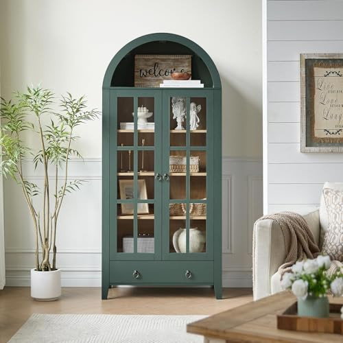 RowyPoey Farmhouse Arched Cabinet with Glass Doors, Wood Display Cabinet with Drawer and Adjustable Shelves, 71” Tall Bookshelf Modern China Storage Kitchen Pantry for Living Room,Office (Green) | Amazon (US)