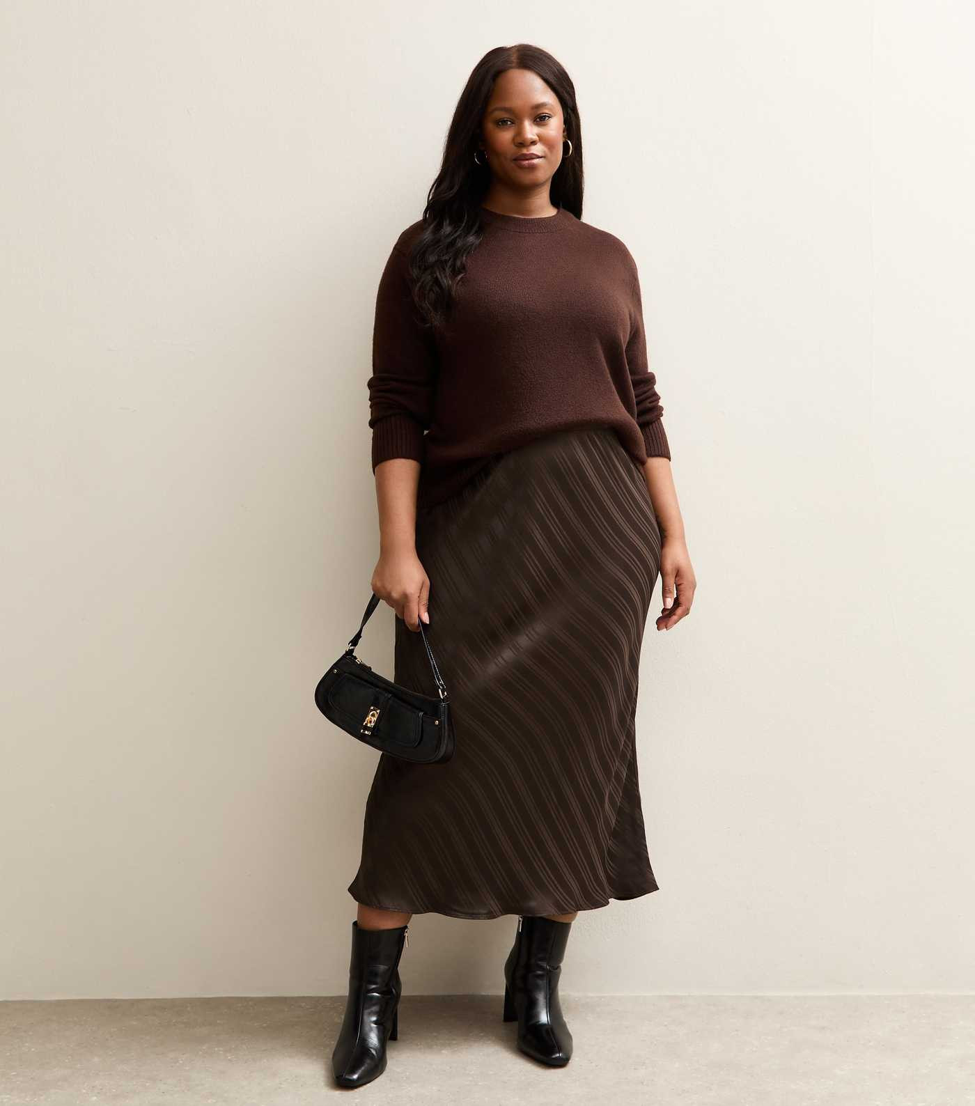 Curves Dark Brown Striped Satin Bias Cut Midi Skirt | New Look | New Look (UK)