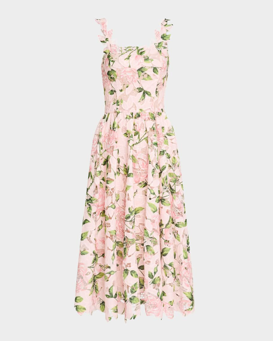Oscar de la Renta Printed Garden Rose Guipure Sleeveless Midi Dress | Neiman Marcus