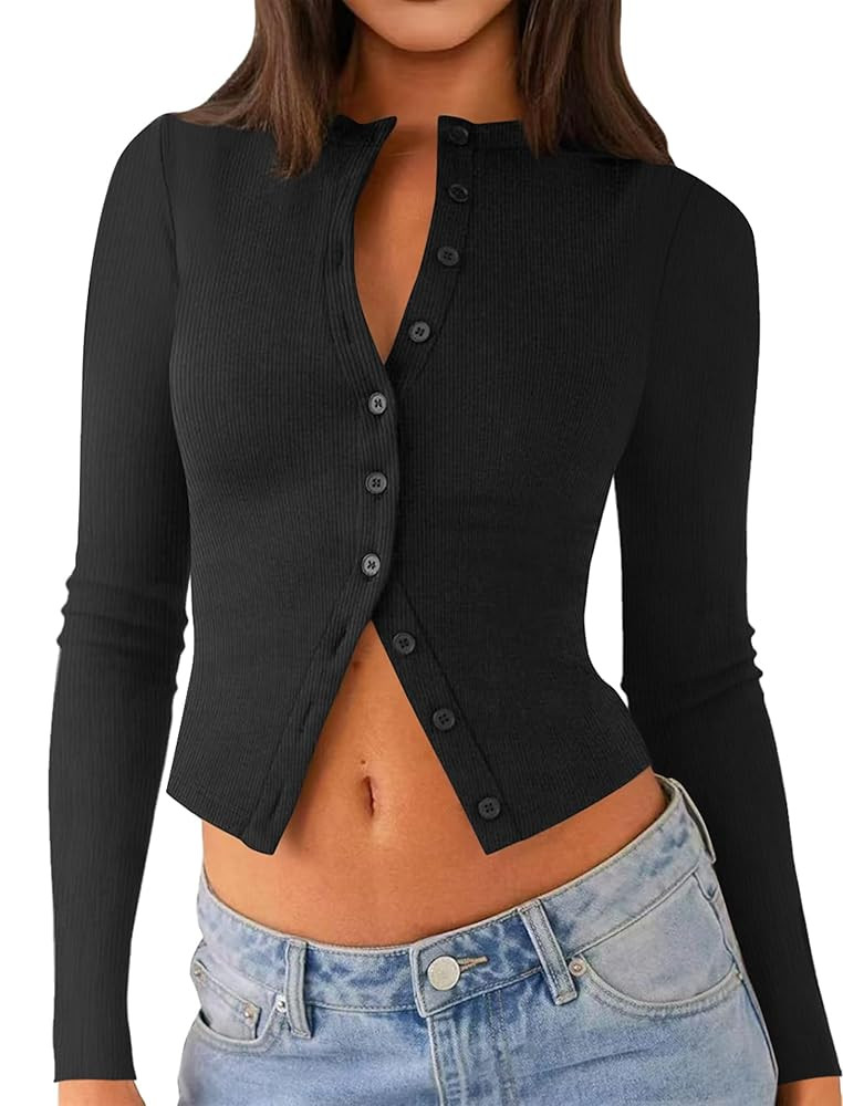 Womens Long Sleeve Tops Fall Lightweight Cardigan Cropped Going Out Shirts Ribbed Button Down Cut... | Amazon (US)