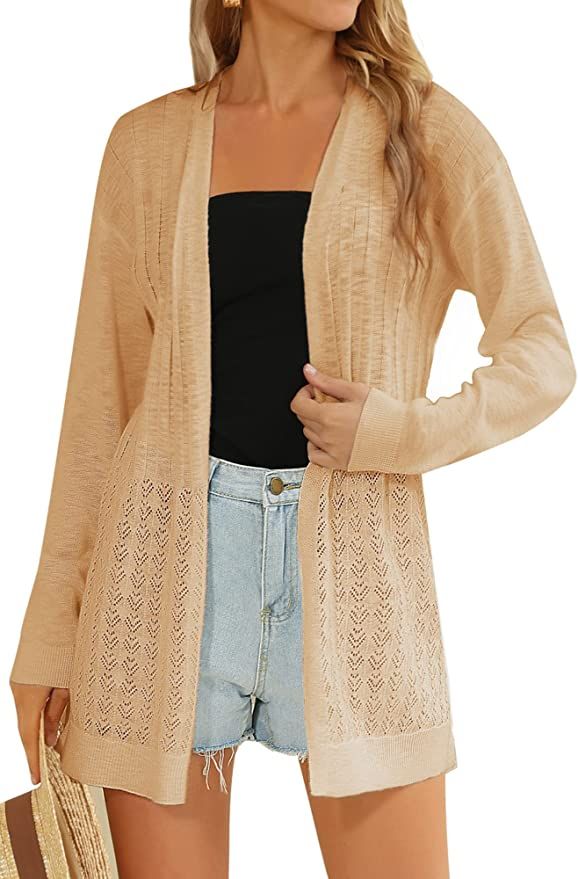 Kate Kasin Women's 2023 Summer Crochet Lightweight Cardigan Sweater Long Sleeve Open Front Cover ... | Amazon (US)