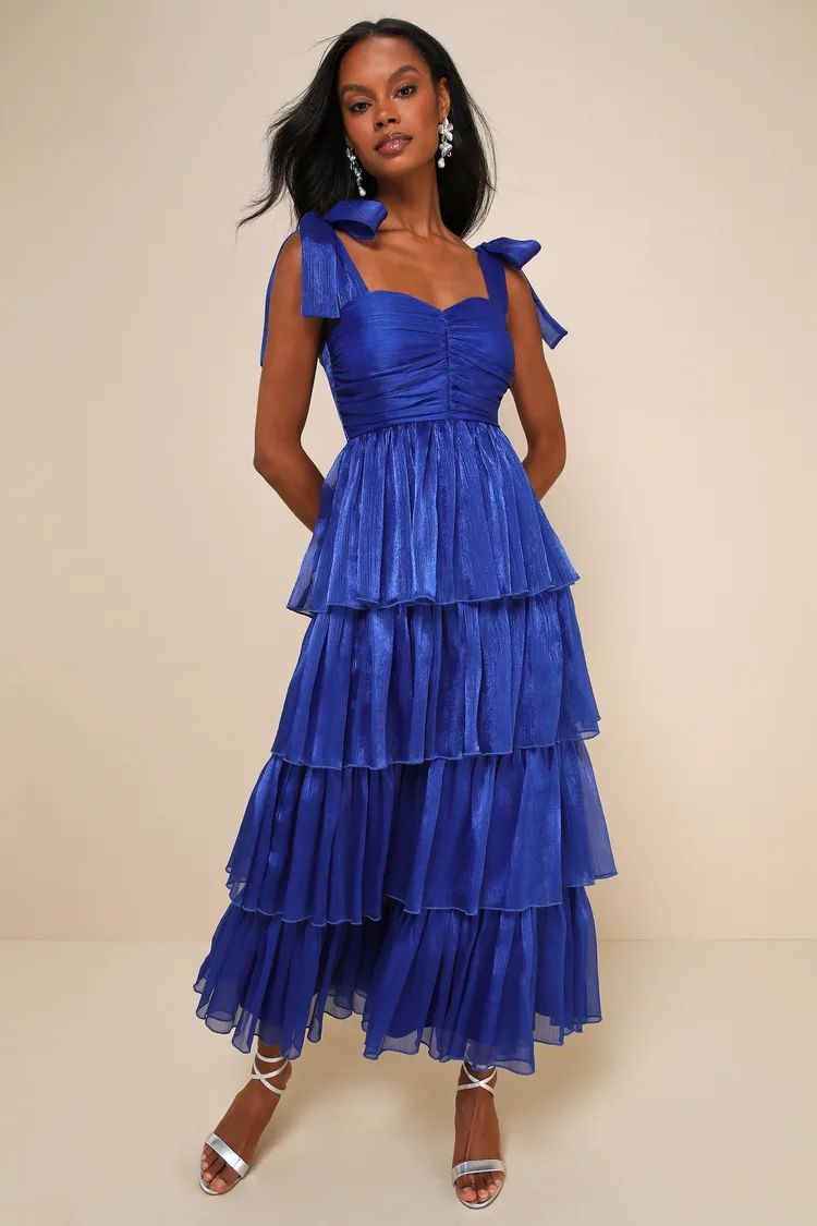 Radiant Arrival Shiny Blue Organza Tiered Tie-Strap Maxi Dress | Lulus