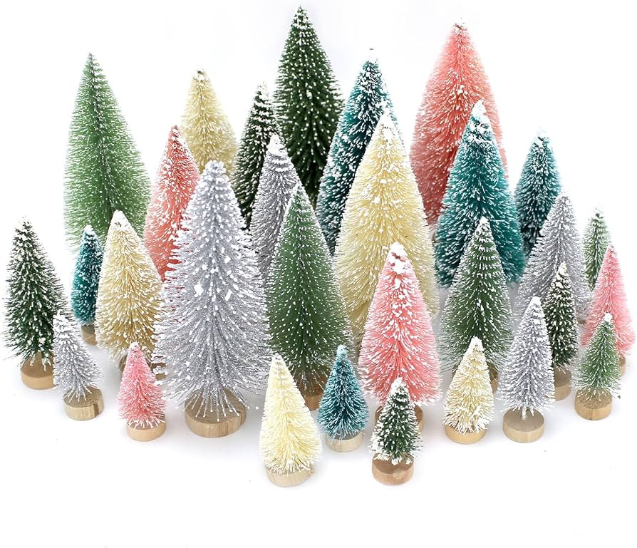 30 PCS Mini Bottle Brush Christmas Trees with Wood Base, Small Pine Tree Sisal Trees for Christma... | Amazon (US)