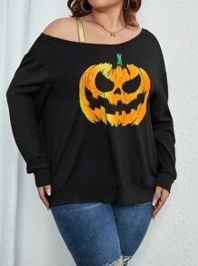 Plus Halloween Pumpkin Print Asymmetrical Neck Tee
   SKU: sf2208104448402761      
          (4 ... | SHEIN