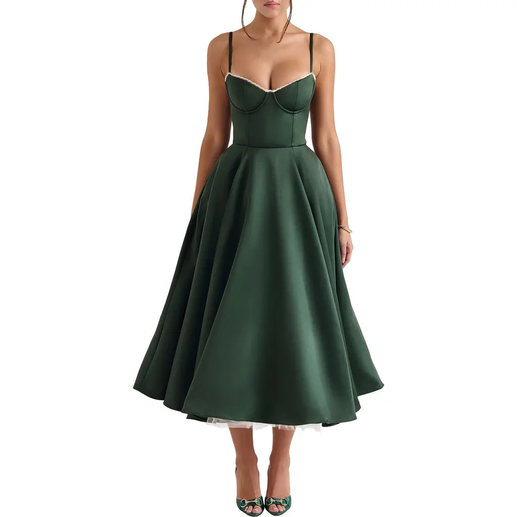 HOUSE OF CB Mademoiselle Bustier Stretch Satin Midi Dress in Duffle Bag at Nordstrom, Size Large | Nordstrom