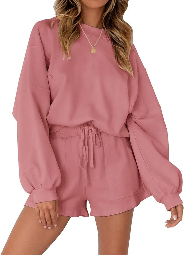 MEROKEETY Women's 2024 Fall Oversized Batwing Sleeve Lounge Sets Casual Top and Shorts 2 Piece Ou... | Amazon (US)