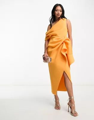 ASOS DESIGN fallen shoulder manipulated tuck bodycon midi dress in marigold | ASOS | ASOS (Global)
