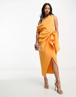 ASOS DESIGN fallen shoulder manipulated tuck bodycon midi dress in marigold | ASOS | ASOS (Global)