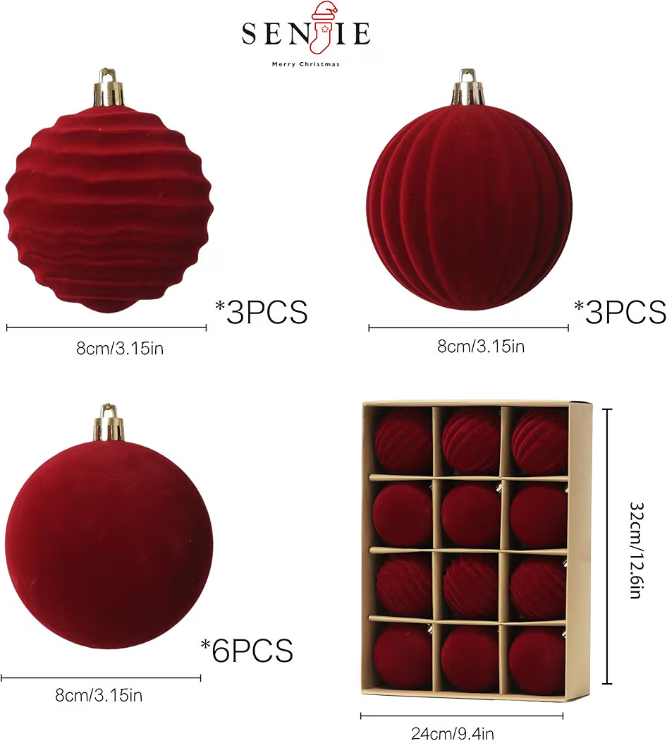 Senjie 3.15inch Burgundy Velvet Christmas Ornaments Balls Flocked Christmas Tree 12PCS Plastic Ba... | Amazon (US)