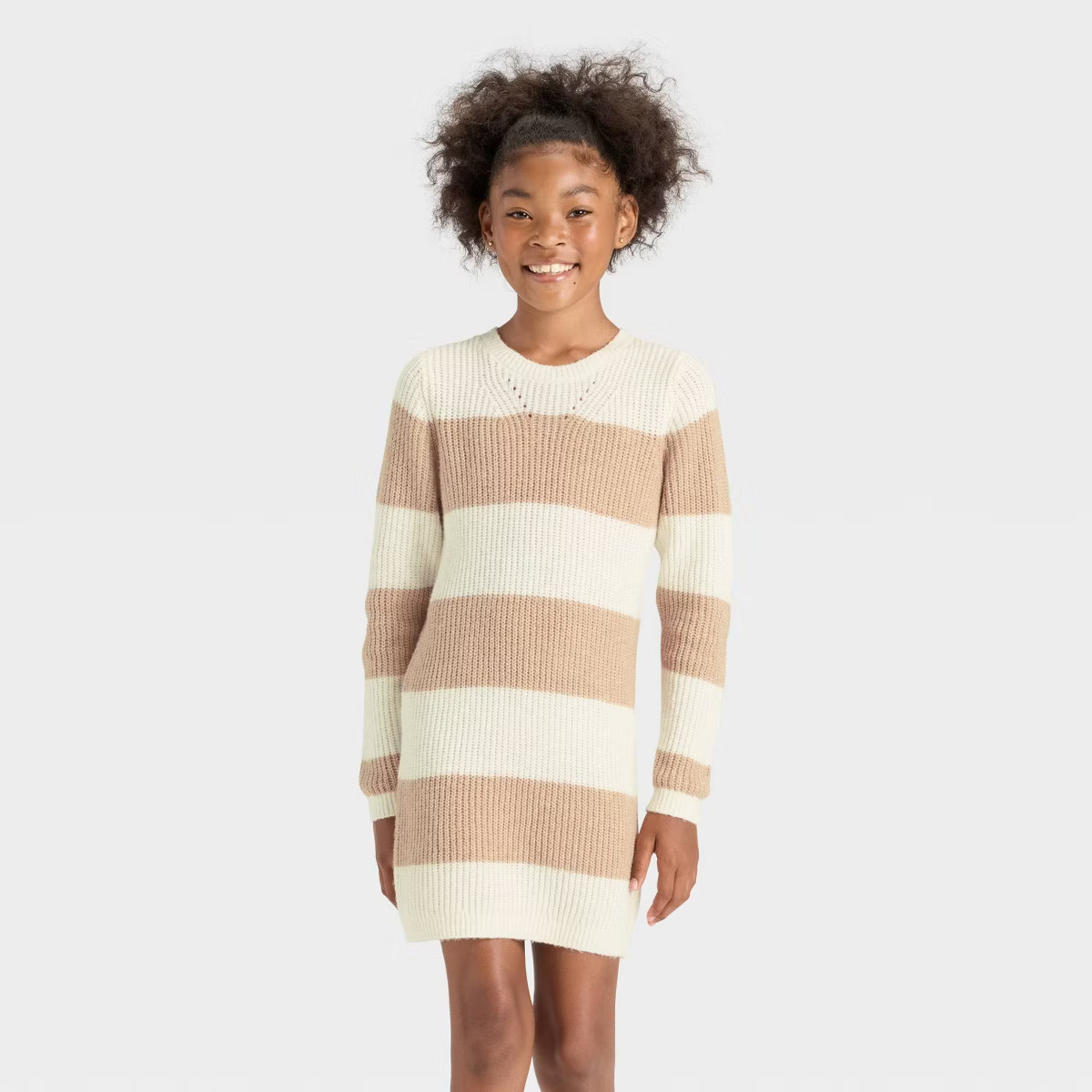 Girls' Long Sleeve Striped Sweater Dress - Cat & Jack™ Tan/Cream S | Target