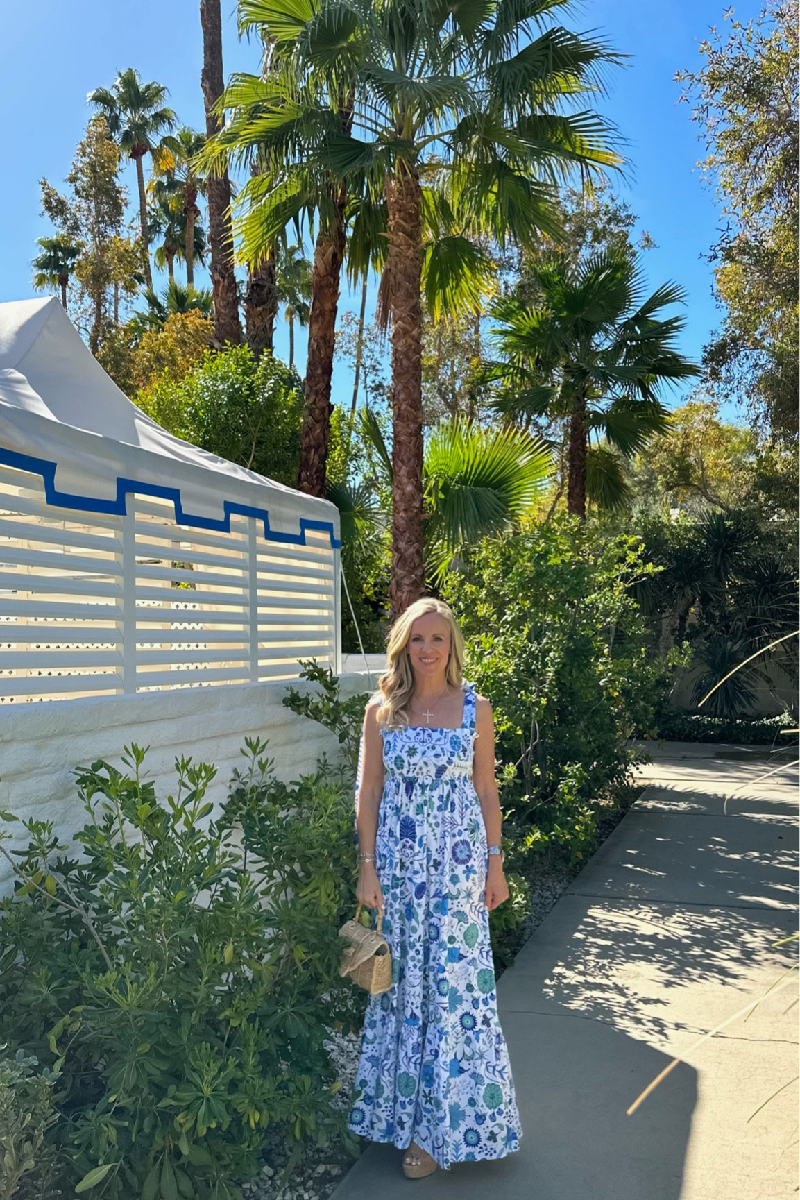 Love this Sheridan French Beautiful blue and white maxi dress paired with handwoven rattan mini handbag and cork wedges


#LTKstyletip #LTKshoecrush #LTKFind