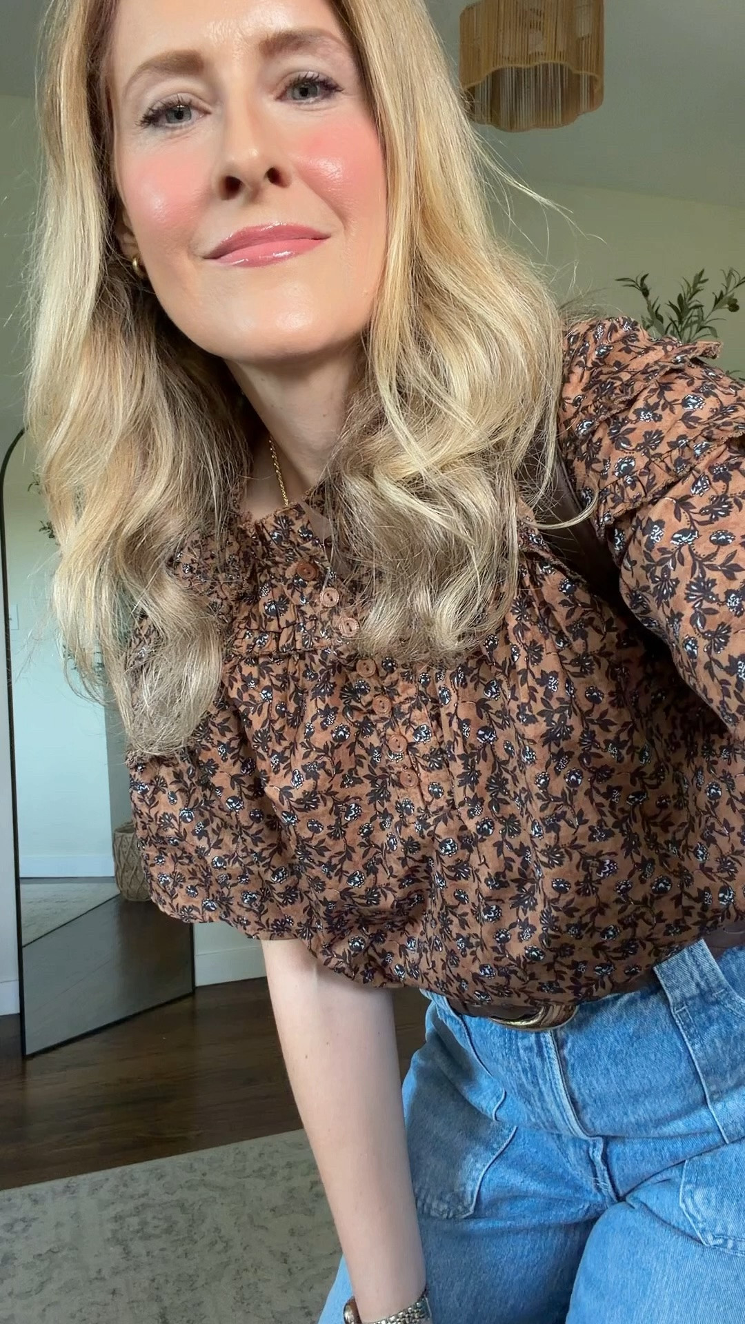 Walmart fall outfit idea with this cotton blouse and barrel jeans, I’m wearing a small in the top. Size 6 in the jeans. Love both pieces as well as the belt and the bag! #walmartfashion

#LTKOver40 #LTKootd #LTKmomlife