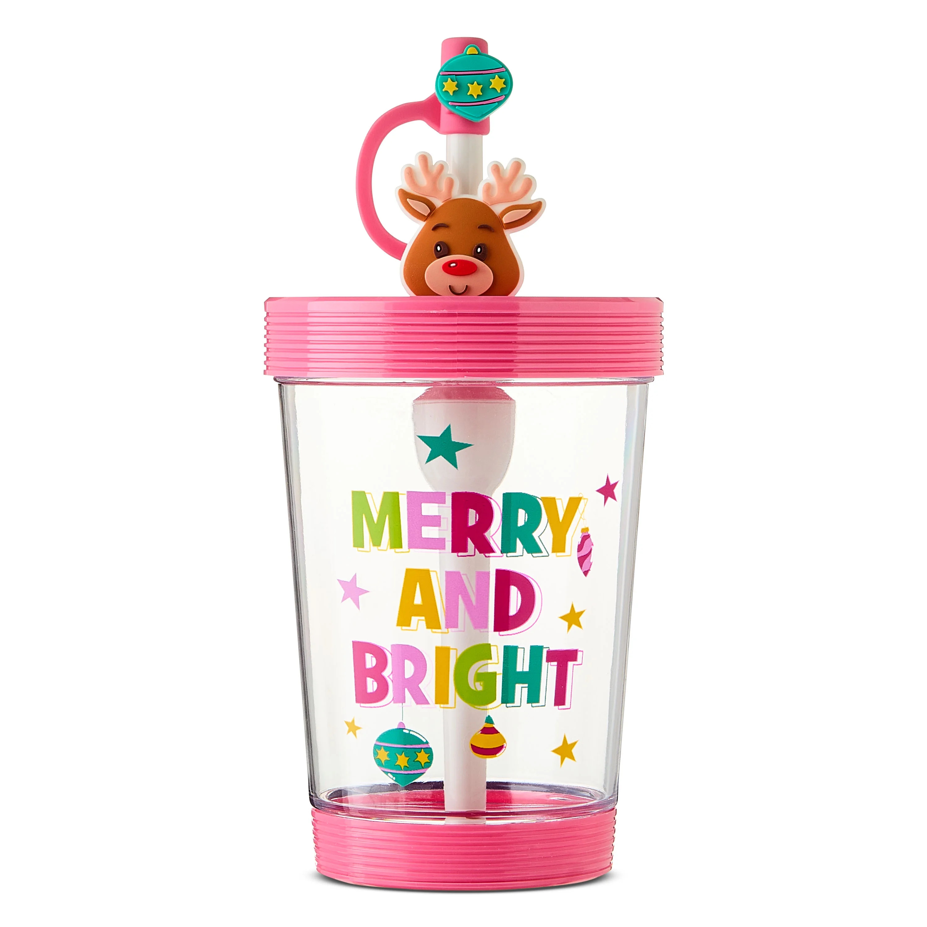 Pink Merry and Bright Reindeer Christmas Tumbler with Straw and Lid, 18 oz, by Holiday Time | Walmart (US)