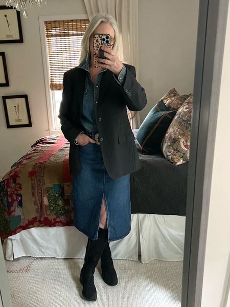 I picked up this denim skirt on sale!  It fits me but I do have a small waist….might want to size up or order 2 different sizes!  I thrifted the pinstripe men’s suit coat!

#LTKfindsunder50 #LTKstyletip #LTKfindsunder100