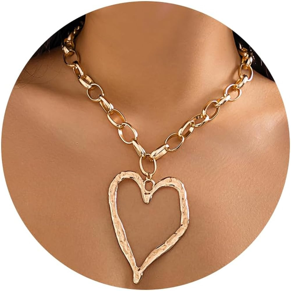 Y2K Chunky Big Heart Pendant Necklace for Women Gold Silver Large Hearts Necklaces Exaggerated Th... | Amazon (US)