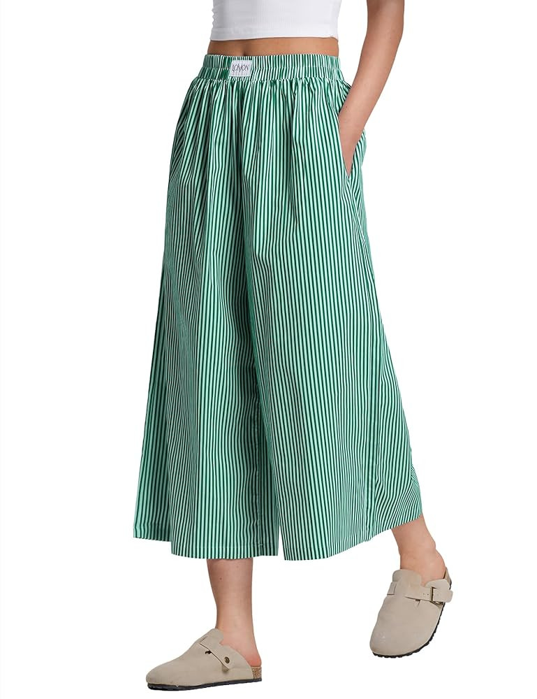 LOMON Womens Wide Leg Capri Pants Cotton Gingham Plaid Culottes Summer Elastic Waist Palazzo Trou... | Amazon (US)