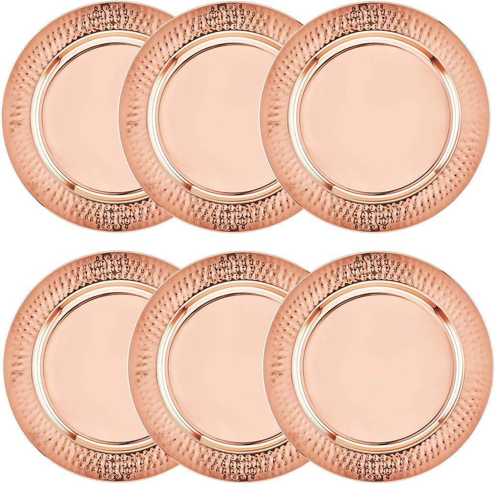 Colleta Home Copper Charger Plate - 6 Pack - 13 inch Rose Gold Charger with Hammered Rim - Copper... | Amazon (US)