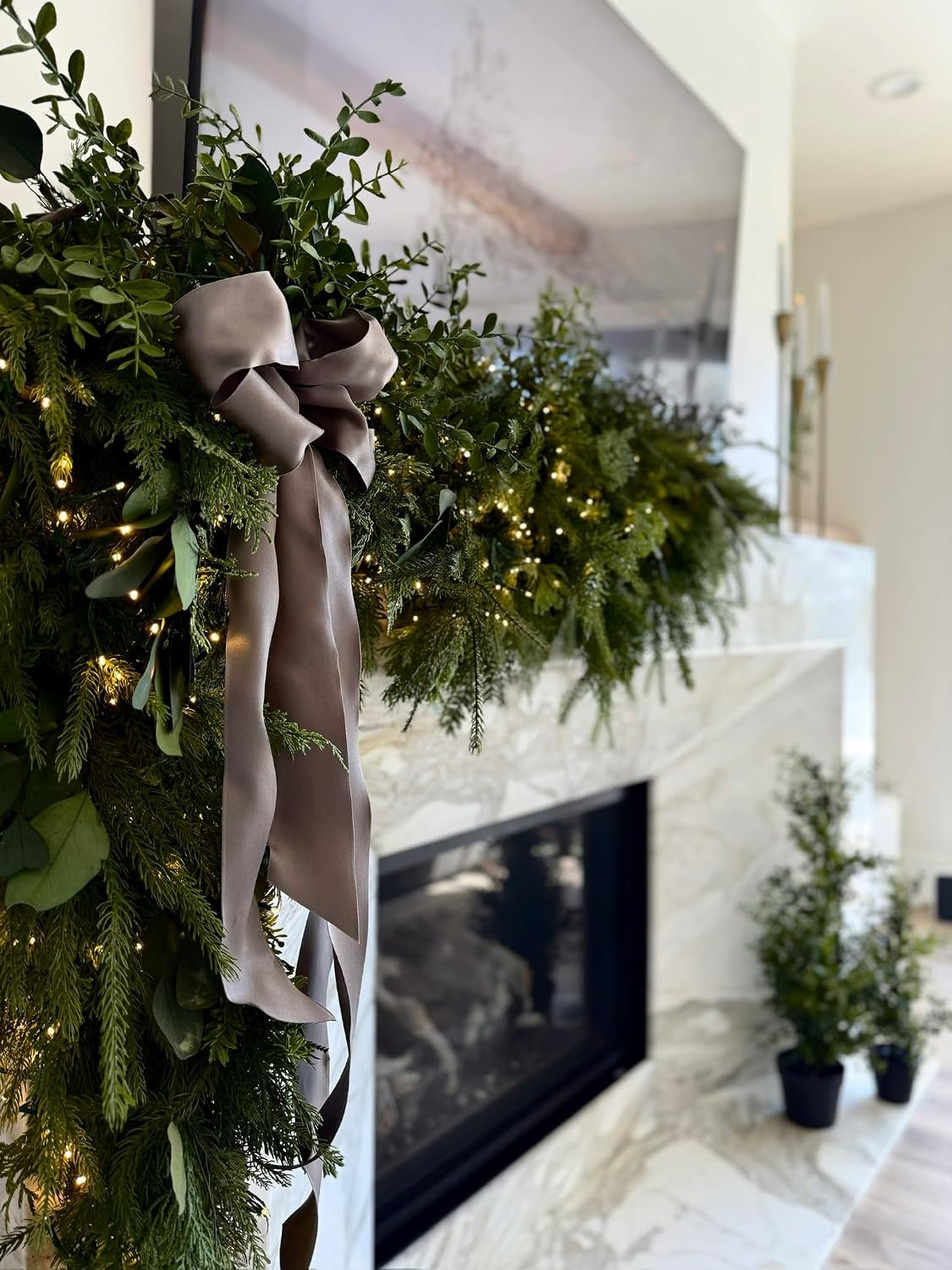 Grand Luxe Mixed Pine and Juniper Garland with Decorative Bow Ornament, Artificial Holiday Greenery, Available in 6 Ft or 9 Ft (Garland 9 Ft w/Silver Bead Bow) | Amazon (US)