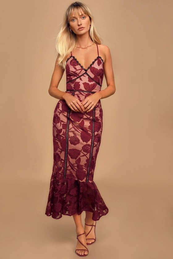 Alluring Dream Burgundy Floral Mesh Lace Trumpet Midi Dress | Lulus (US)