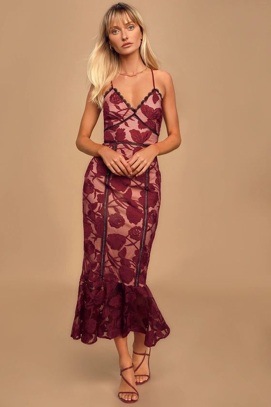 Alluring Dream Burgundy Floral Mesh Lace Trumpet Midi Dress | Lulus (US)