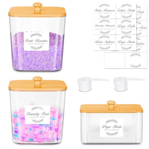 efluky 3 Pack Laundry Pods Container & Dryer Sheet Holder Set,Clear Laundry Room Organization Containers with Bamboo Lids and Labels,Laundry Pods Holder for Scent Booster,Powder,Pod | Amazon (US)