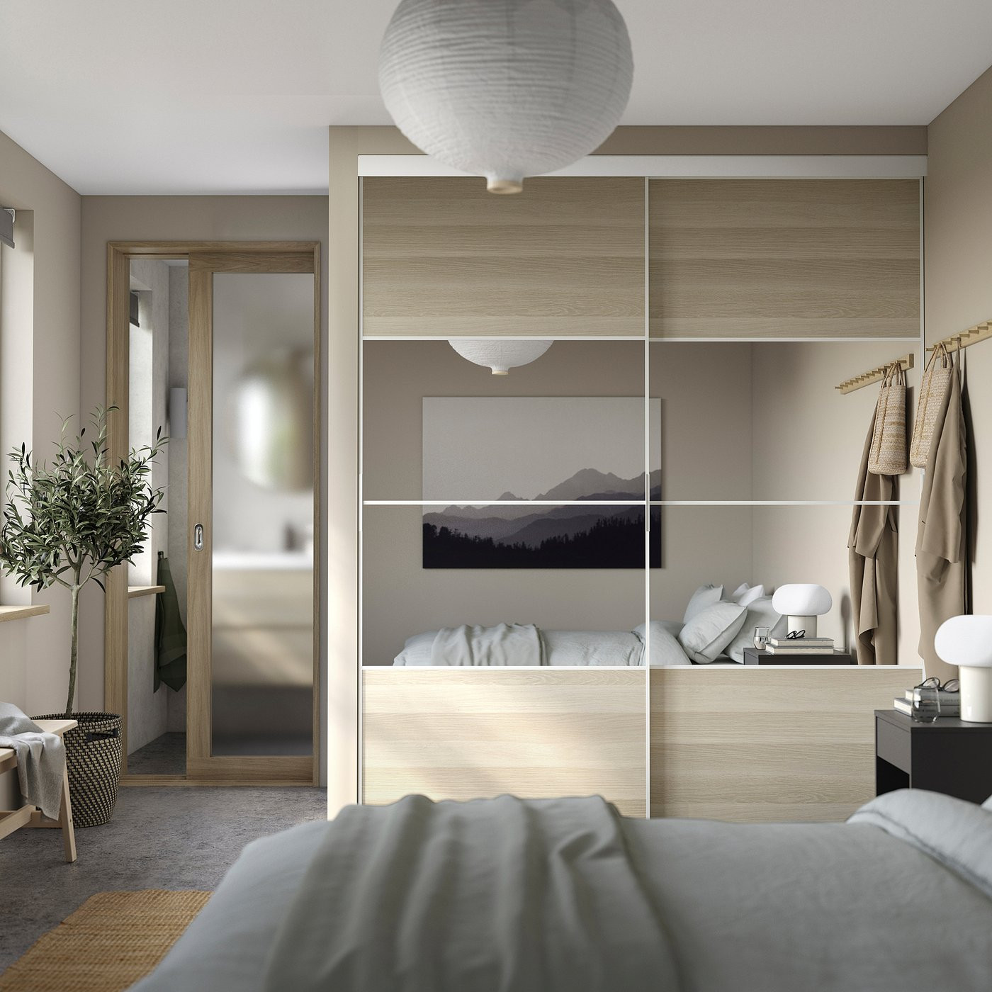 IKEA SKYTTA / AURDAL walk-in wardrobe with sliding doors, white Mehamn/Auli/white stained oak effect mirror glass, 79 1/2x45 1/4x94 1/2 | IKEA US