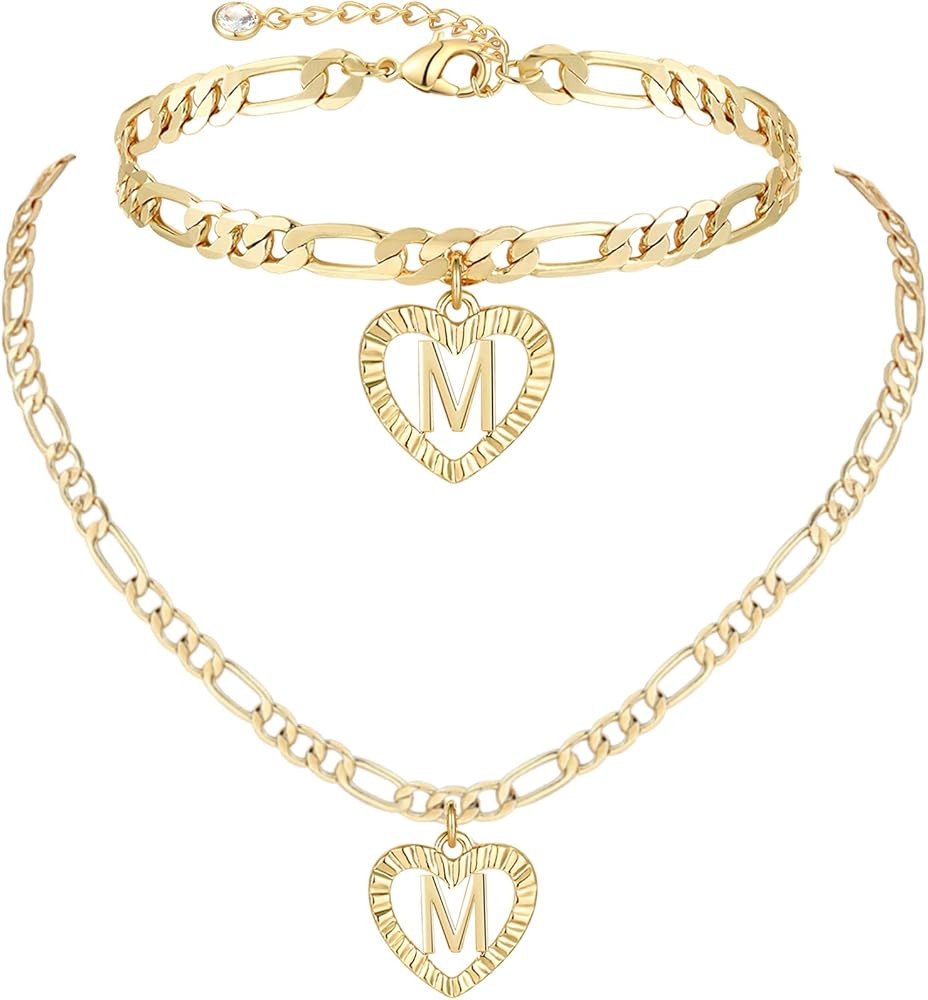 YANODA Gold Initial Pendant Necklace Anklet Bracelet for Women 14K Gold Plated Figaro Chain Lette... | Amazon (US)